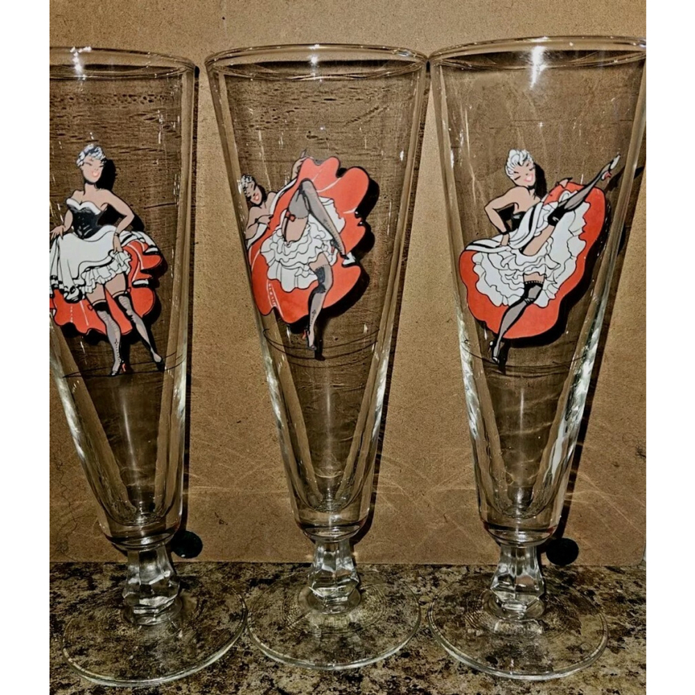 RARE Vtg Set of 3 CAN CAN Girls Gold Rimmed Footed Beer Glasses Tall Tulip West
